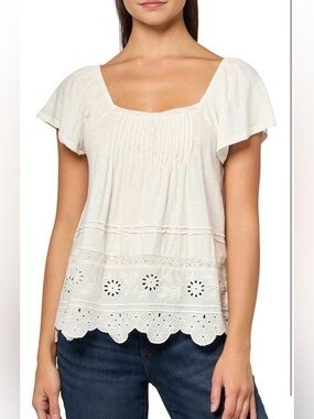 NWOT Lucky Brand Women's Pintuck Flutter Sleeve Eyelet Tee Peasant Top Large